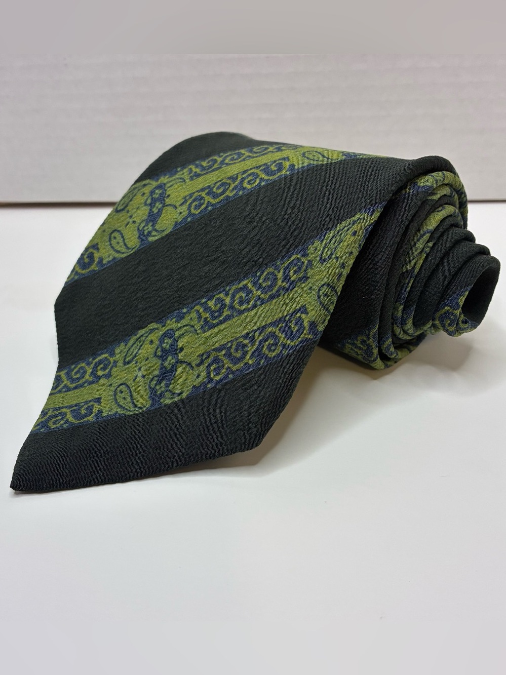 Vintage GIORGIO ARMANI Silk Tie Paisley Stripe Green Black Short Length 49x4"
